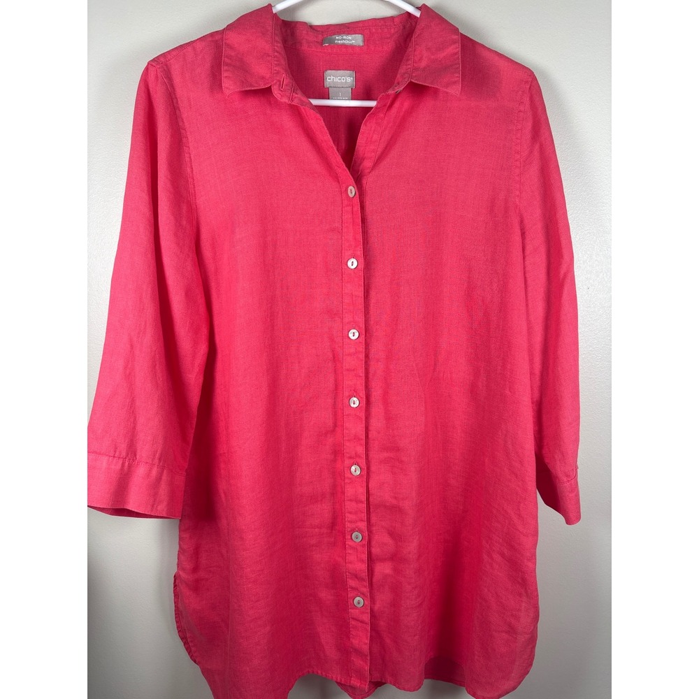 Chicos FreshChic No-Iron Linen Shirt Coral Button Down Tunic 3/4 Sleeve Size 1 M